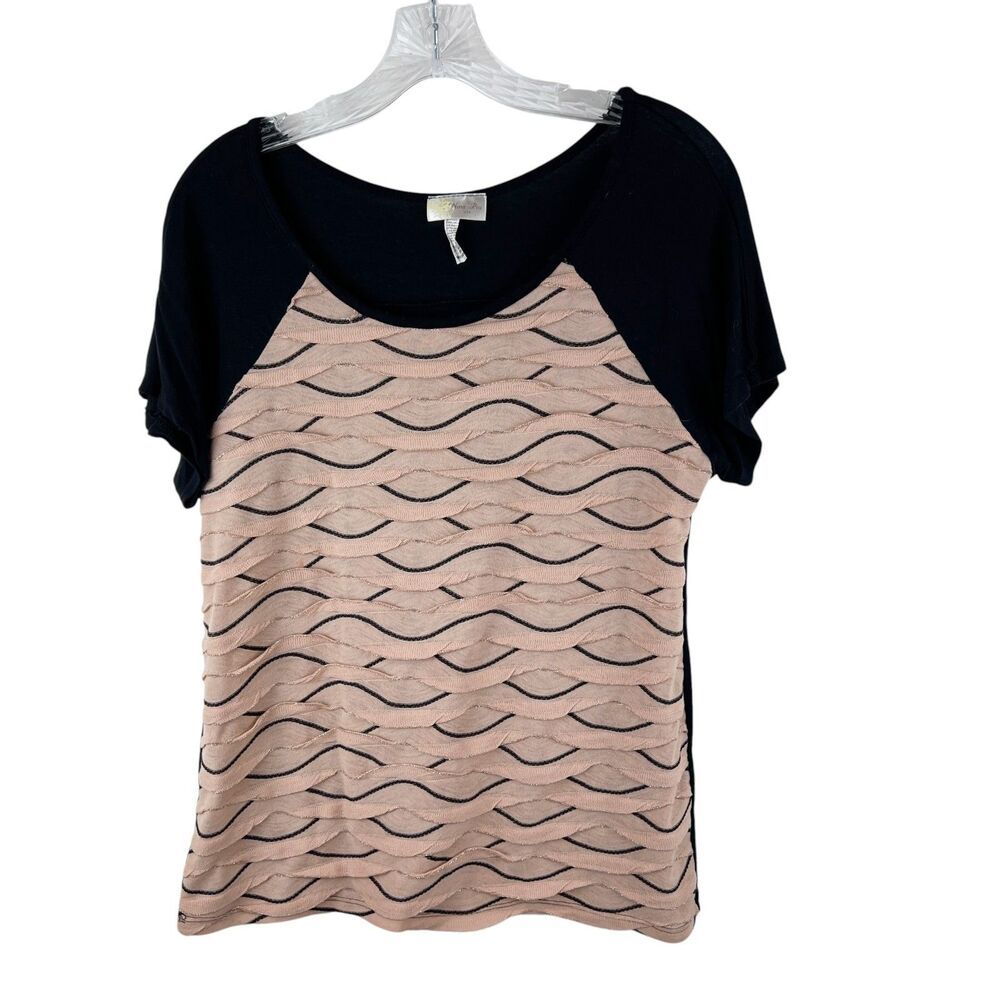 Nina Piu USA Blouse Women Medium Black Raglan Textured Short Sleeve Casual Top